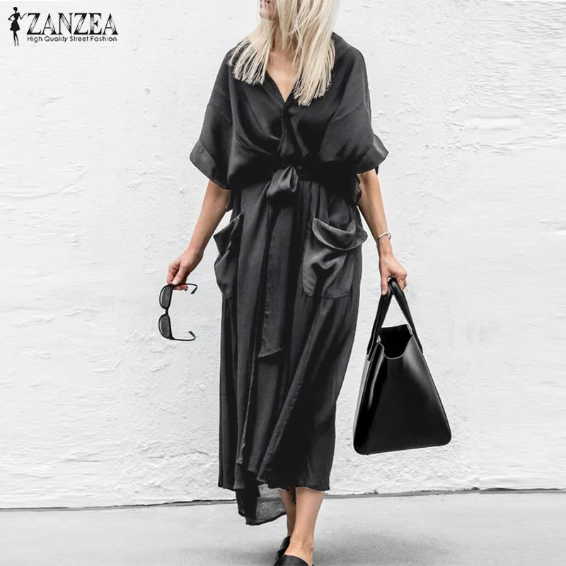 

2019 Plus Size ZANZEA Summer Long Cardigans Women Solid V-Neck Short Sleeve Party Loose Shirt Dress Vestidos Sundress Femme Robe