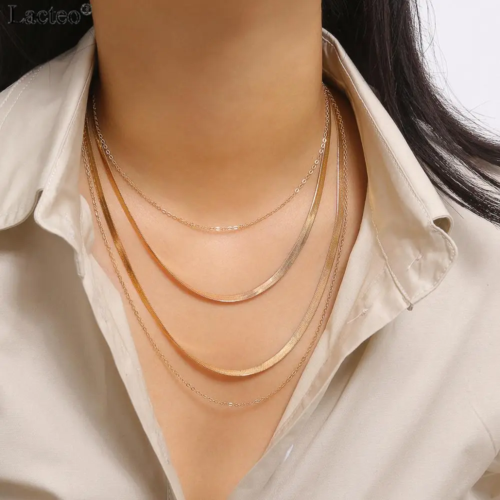 

Lacteo Hip Hop Golden/Silver Snake Chain Charm Necklace Punk 4Multi Layered Texture Chain Choker Necklace Jewelry for Women 2019