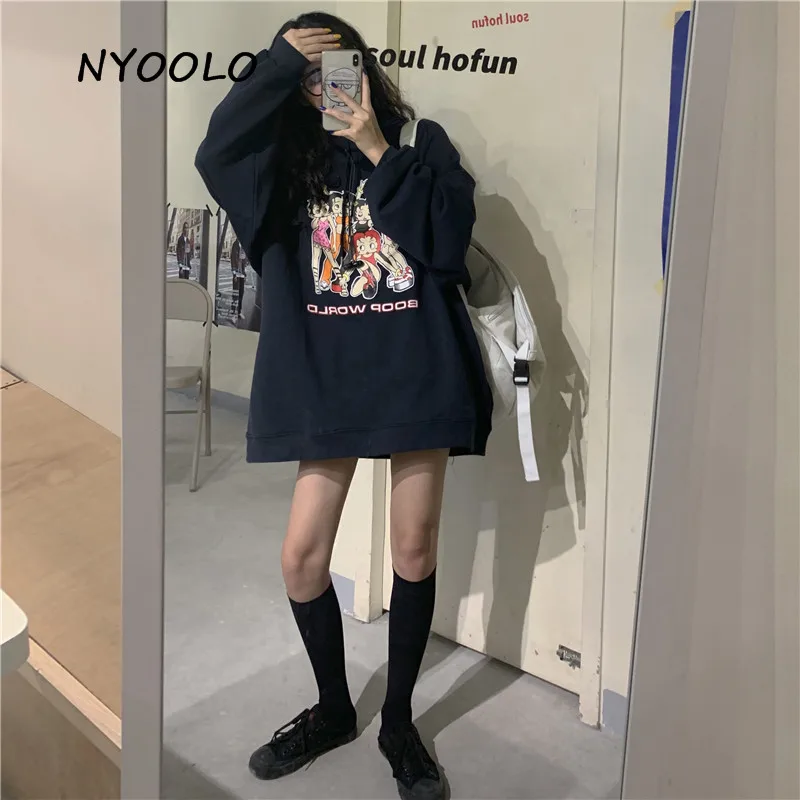 NYOOLO Harajuku мультфильм девушки печати толстовка осень уличная одежда с длинным рукавом пуловер с капюшоном свитер женская одежда верхняя одежда