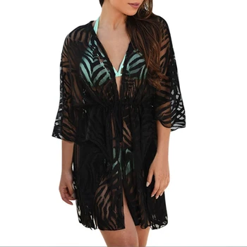 

Summer Beach Women Lace Hollow Out Patchwork Black Solid Color Half Sleeve Coat Lace Up Open Stitch Loose Thin Regular Coats