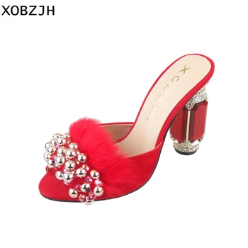

Womens Summer Shoes Crystal Red fur Sandals Wedding 2019 Luxury Brand Ladies Stripper Open Toe High Heels Shoes Woman Size US 11
