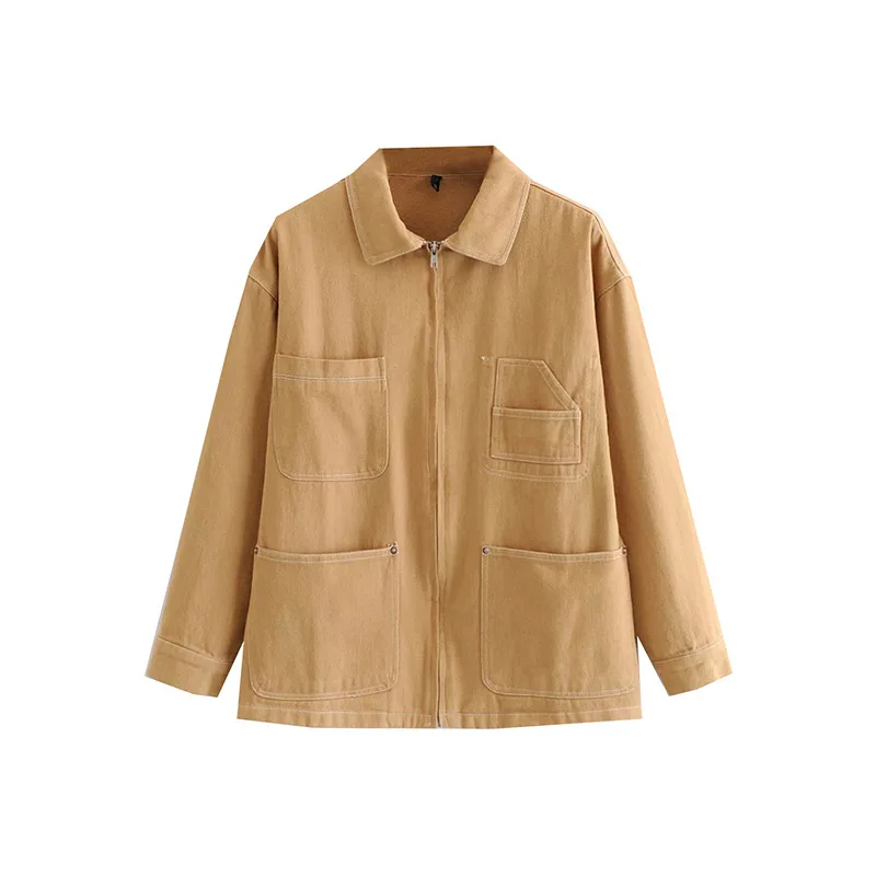 

Autumn WOMEN'S Dress New Products Solid Color Casual Long Sleeve Multi-pockets Design Zipper Jacket Loose-Fit Coat