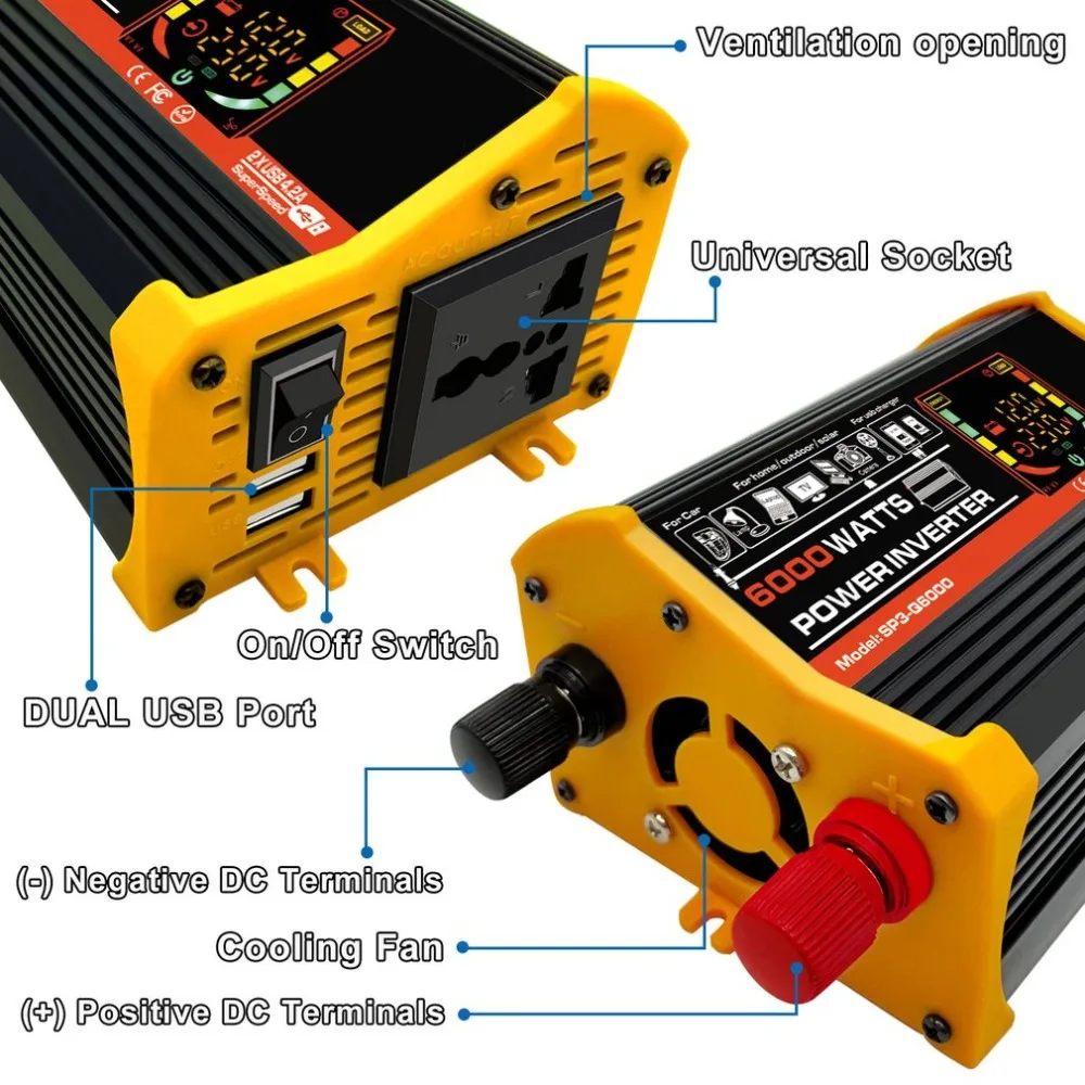 6000 Вт двойной USB Смарт-дисплей Автомобильный преобразователь мощности адаптер 12 В до 220 В/110 В трансформатор напряжения Модифицированная синусоида
