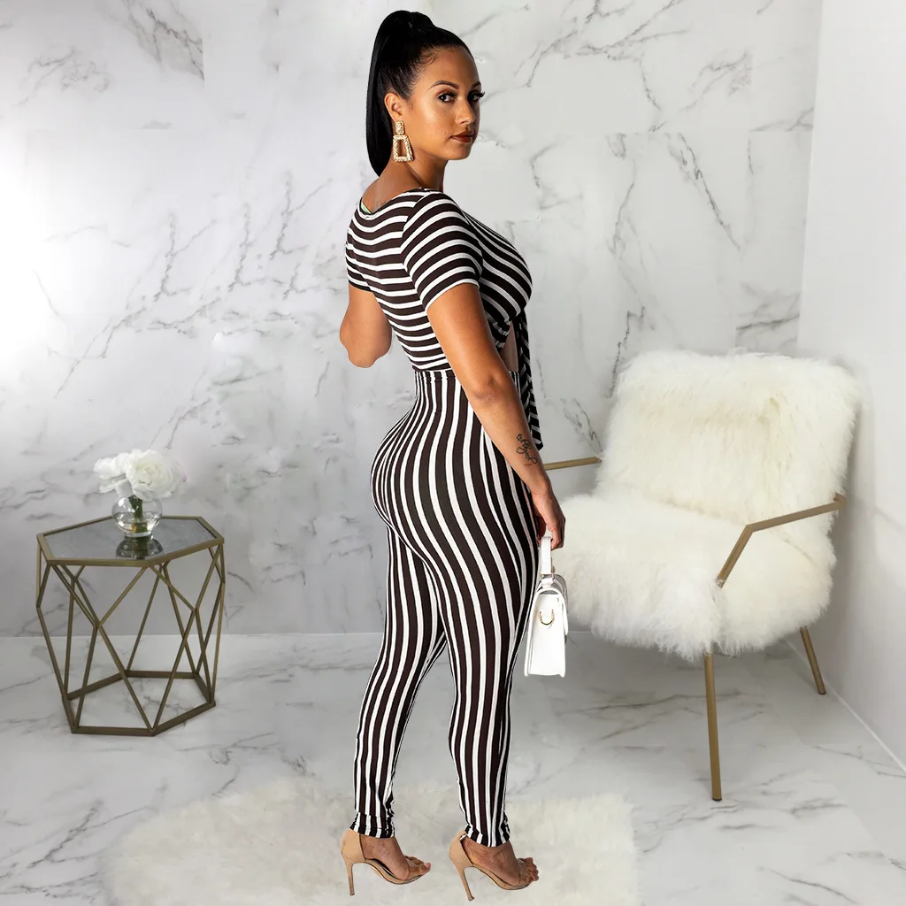 hot European and American sexy fashion dynamic striped women's jumpsuit trousers