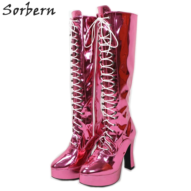 Peach Shiny Sorbern/высокие сапоги до колена с металлическим блочным каблуком; женские сапоги на платформе с не сужающимся книзу массивным каблуком; Клубные сапоги на тонком каблуке - Цвет: Peach Shiny