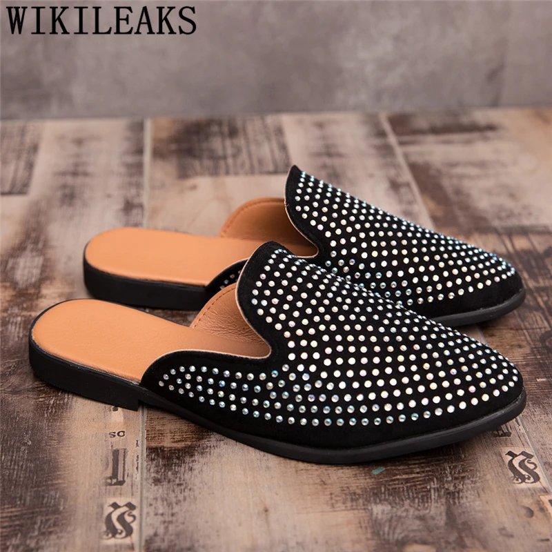 Mules Suede Shoes Men Black Half For Rhinestone Mens Casual Hot Sale Sepatu Slip On Pria Heren Schoenen | Обувь