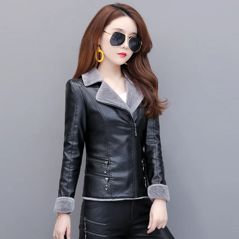 Кожаная женская куртка Новинка плюс бархатная теплая куртка с отложным воротником размера плюс кожаная куртка для женщин M-5XL высокого качества - Цвет: black