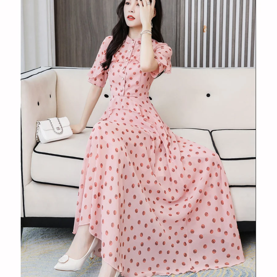 2021 сезон: весна лето в горошек шифоновое милое платье макси платья 3XL размера плюс