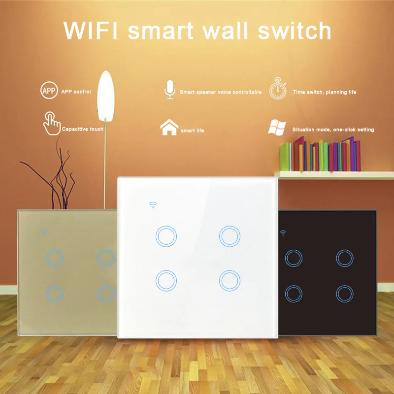 

4-way WIFI touch switch mobile phone remote control switch voice control zero fire line graffiti smart switch