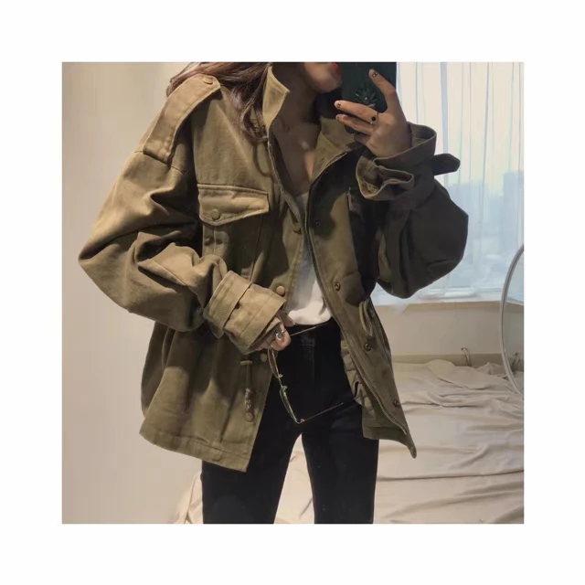 South Korea Autumn New Style Casual Style Waist Hugging Army Green Workwear School Season Coat BF Short Versatile Trench Co
