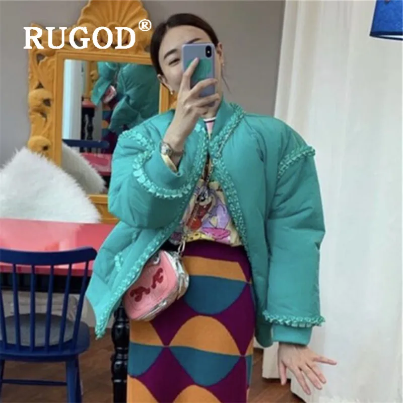 RUGOD корейский стиль плиссированная зимняя куртка женская теплая удобная зеленая укороченная зимняя куртка модное