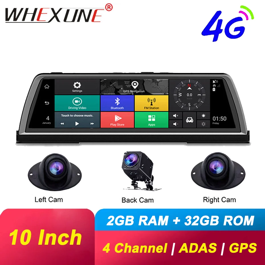 Видеорегистратор WHEXUNE автомобильный 10 дюймов Android GPS навигация ADAS Wi Fi 1080P 4G Bluetooth