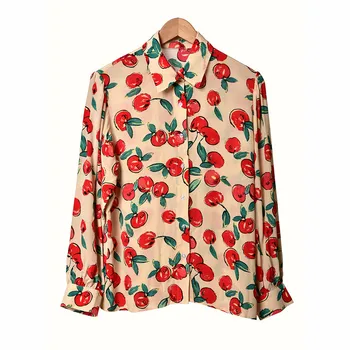 

New Women Apple Print Blouse Casual Long Sleeve Female Shirt Sprint Loose Top