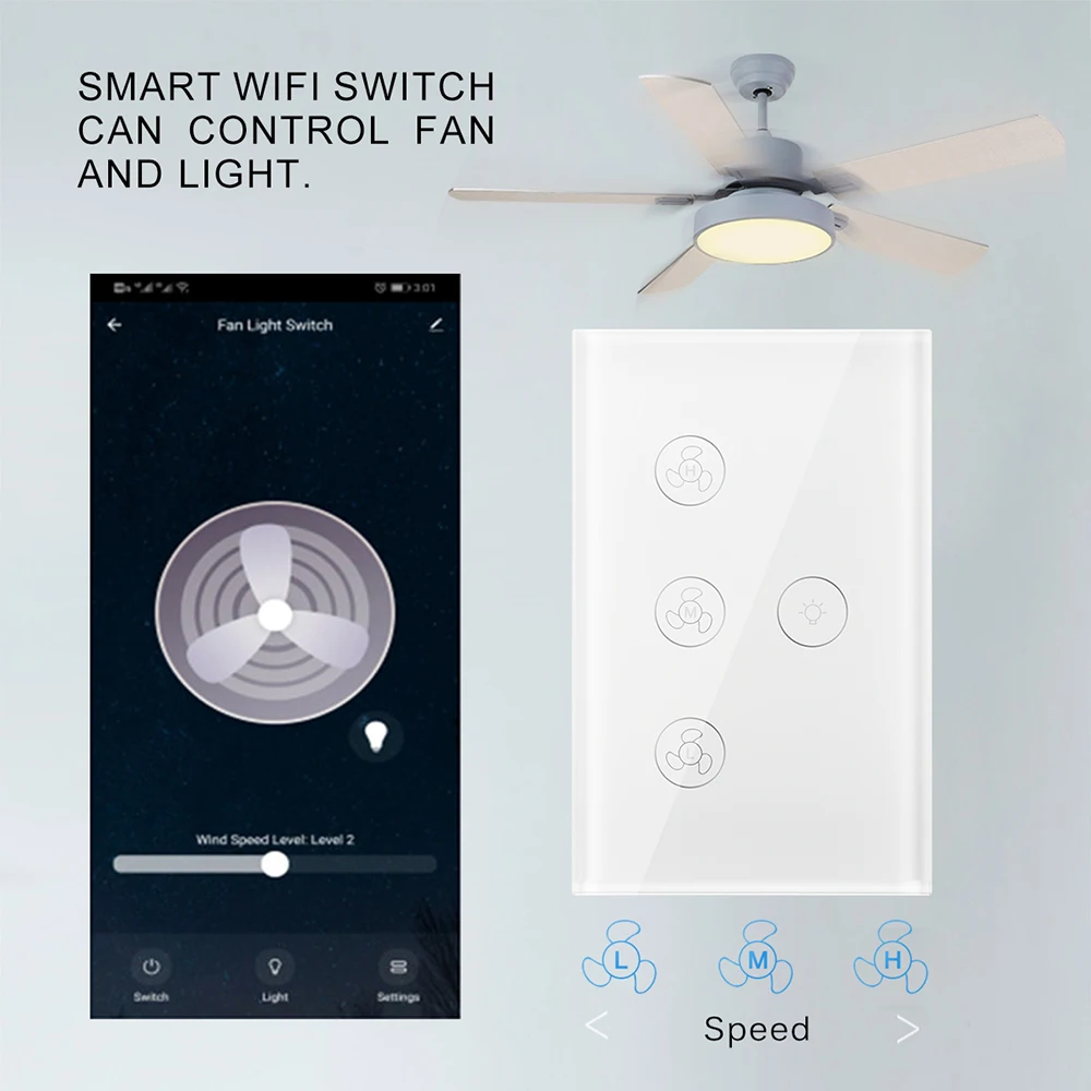 

EU/US Tuya Smart Life WiFi Smart Ceiling Fan Switch APP Remote Timer and Speed Control Compatible with Alexa and Google Home