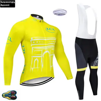 

2019 Yellow TEAM Winter Thermal Fleece Cycling Jersey Bike Pants Set Mens Ropa Ciclismo 20D Gel Bicycling Maillot Culotte Wear