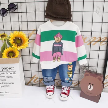 

Spring suit for boys 2020 new baby wear boy cartoon wide stripe cartoon bear jumper two-piece suit