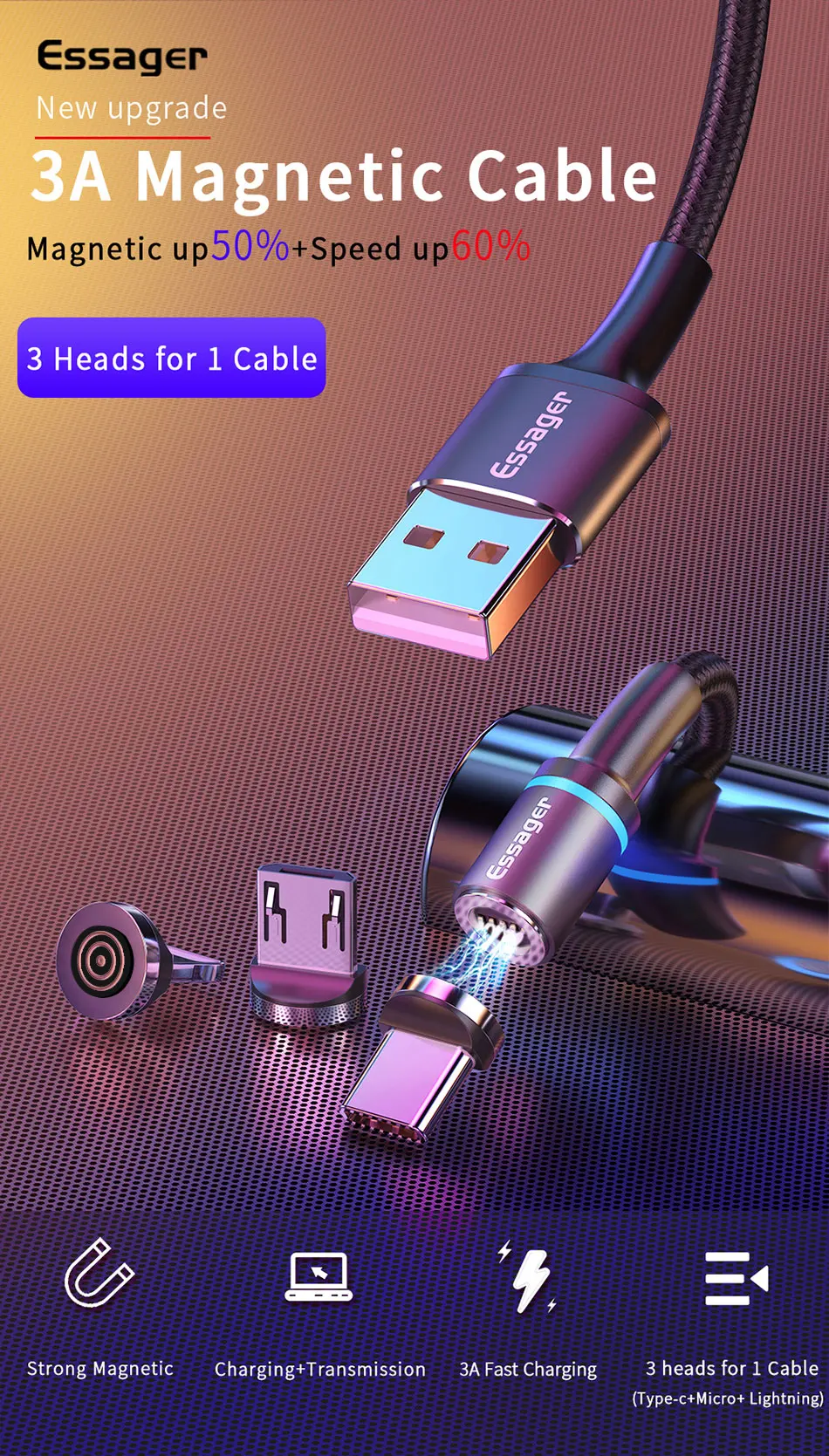 Essager Магнитный Micro usb type C Быстрая зарядка кабель для IPhone samsung XIaomi huawei зарядный usb-шнур Магнитный адаптер зарядного устройства