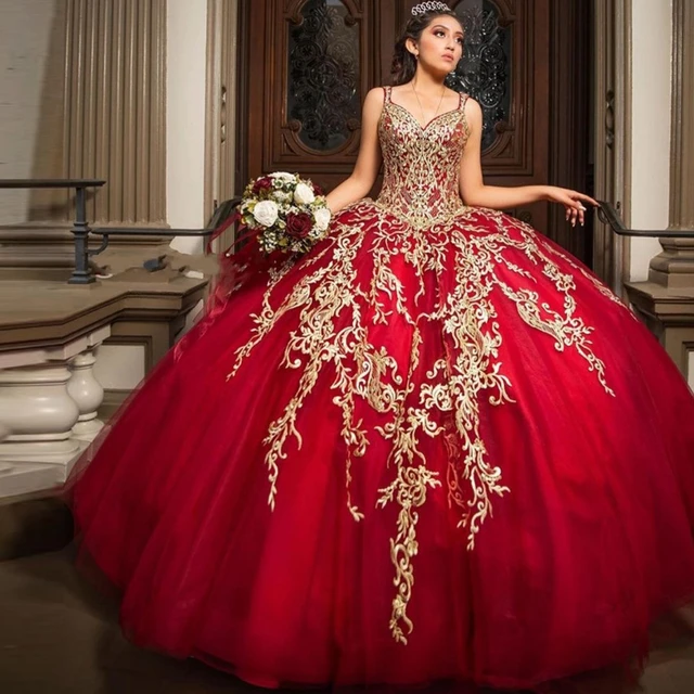 Vestido Rojo de quinceañera con apliques de encaje dorado, traje para quinceañera de 15 años, 2022 _ - AliExpress Mobile