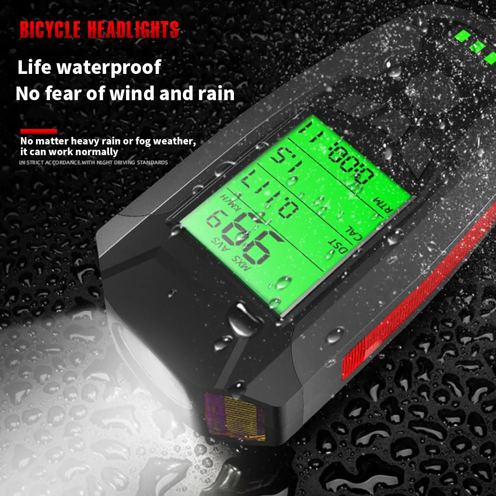 3 in 1 USB Bike Front Light 5 LED Bicycle Computer Horn Bicycle Flashlight IPX4 Waterproof Odometer Computer Speedometer