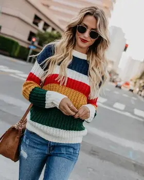 

Autumn and winter women's rainbow stitching temperament commuter loose sweater women