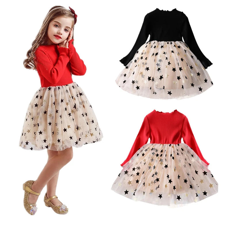 Год Детская одежда красного цвета в рождественском стиле для девочек «Холодное торжество», расшитое пайетками; звезды Сетчатое праздничное платье принцессы на каждый день; Одежда для девочек; повседневная одежда