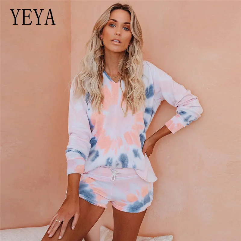 

YEYA Women Sleepwear Suit Tie Dye Print Long Sleeve Hooded Top Drawstring Short Pant Homewear Two Pecies Set Home Clothing