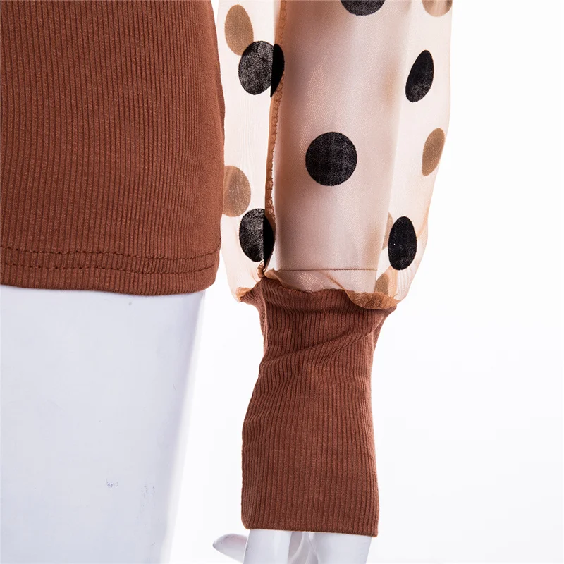 Вязаный свитер в горошек с пышными рукавами, сетчатые прозрачные свитера, пуловер для женщин, длинный рукав, вязаный тонкий свитер с воротником под горло