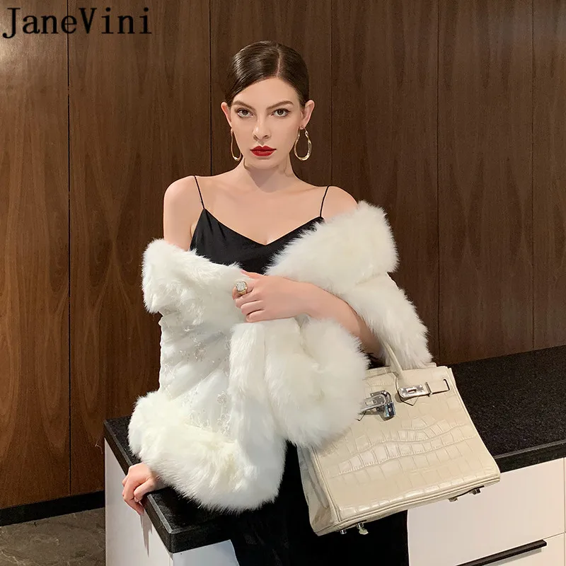 JaneVini Fashion Sequined Wedding Dress Fur Coat Shawls Winter Bride Fake Fur Cape Mariage Bridal Wraps Boleros Nupciales 2021