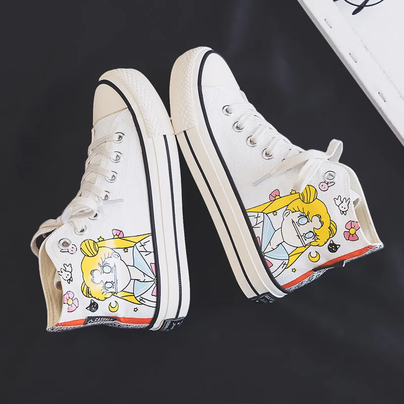 

2019 Fashion Cartoon Vulcanized Shoes Women High-top Canvas Shoes Girls Flats Zapatillas mujer Lace-up baskets femme Sneakers