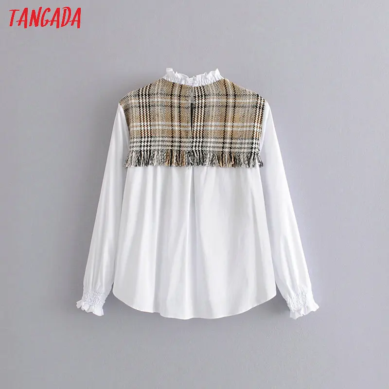 Tangada women plaid patchwork white blouse ruffle neck long sleeve sweet chic female casual shirt blusas femininas 6A167