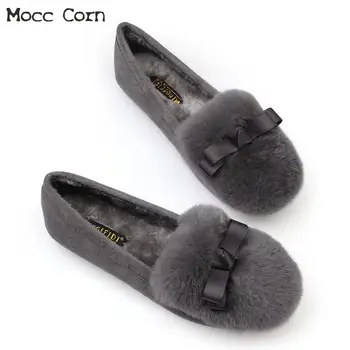 

Bow Warm Fur Loafers Plush Women Flats Winter Shoes Plus size 42 43 Slip On Lady Moccasins Footwear Casual Real Fur Cotton Shoes