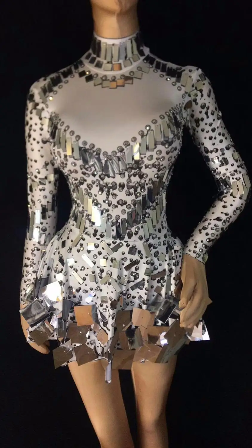 Black White Sequins Mirrors Short Dress Sexy Nightclub Crystals Costume Female Singer Dancer Stage Wear Birthday Party Outfit