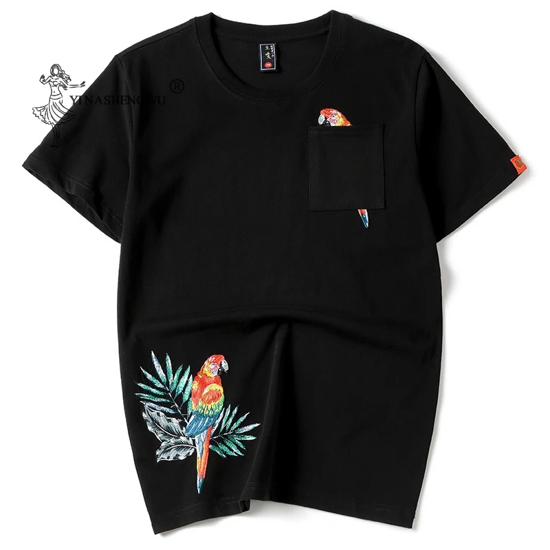 

Round Tide Spring And Summer New Style Magpie Embroidery Pocket National Tide T-Shirt Loose Version For Men And Women Couples