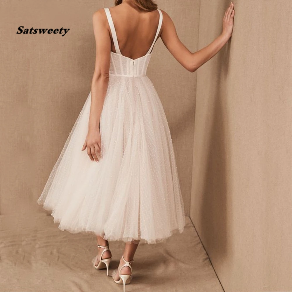 White Short Wedding Dress Dot Tulle Sweetheart Wedding Gown Elegant Tea Length Vestidos de novia Boho Bridal Dress Beach