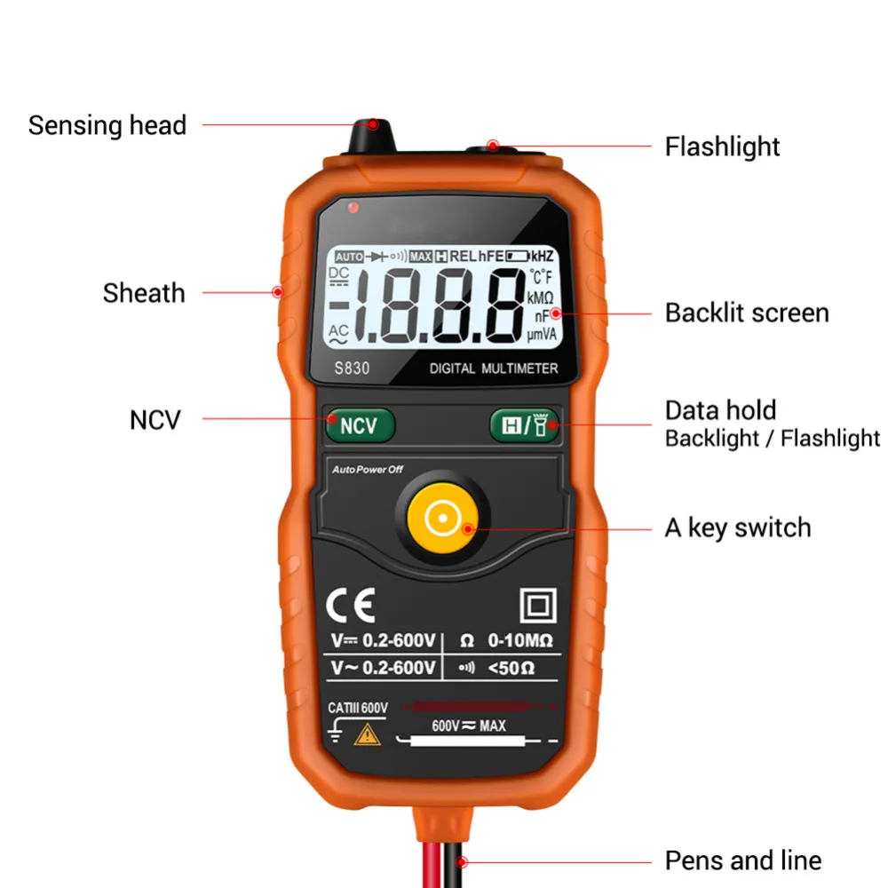 Бесконтактный NCV Цифровой мультиметр отсчитывает Автоматический диапазон переменного/постоянного тока 600 в измеритель напряжения вспышка светильник задний светильник большой экран A/D 200mA