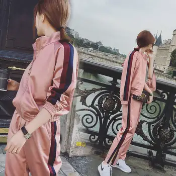 

2019 New fashion women's suit] casual two-piece student loose sportswear + striped pants
