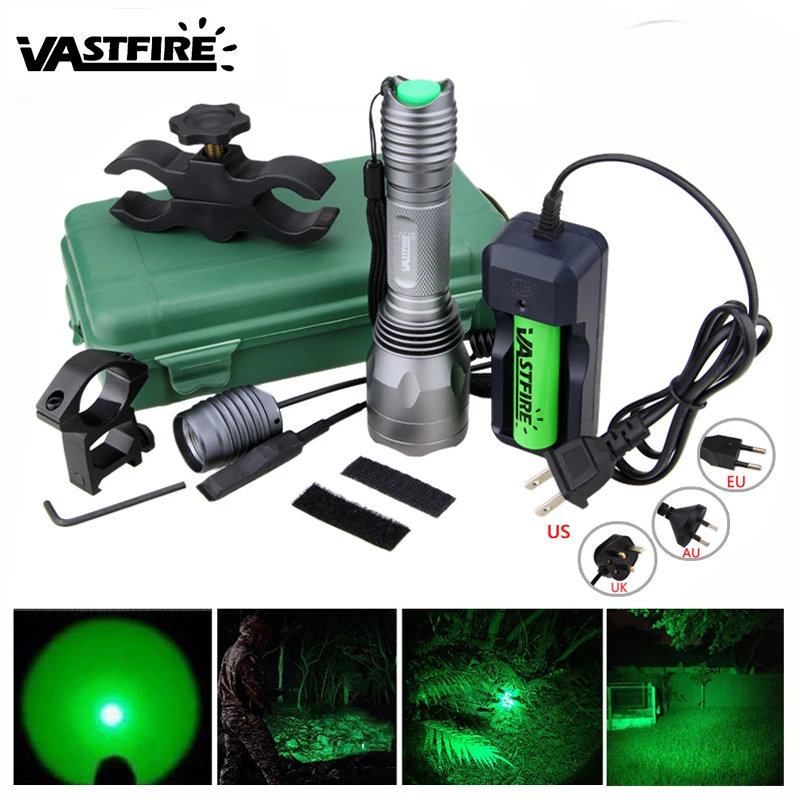 10000 Lumens LED Flashlight Tactical Green Hunting Torch+Remote Pressure Switch+18650 Battery+Rifle Scope Mount+Charger+Case