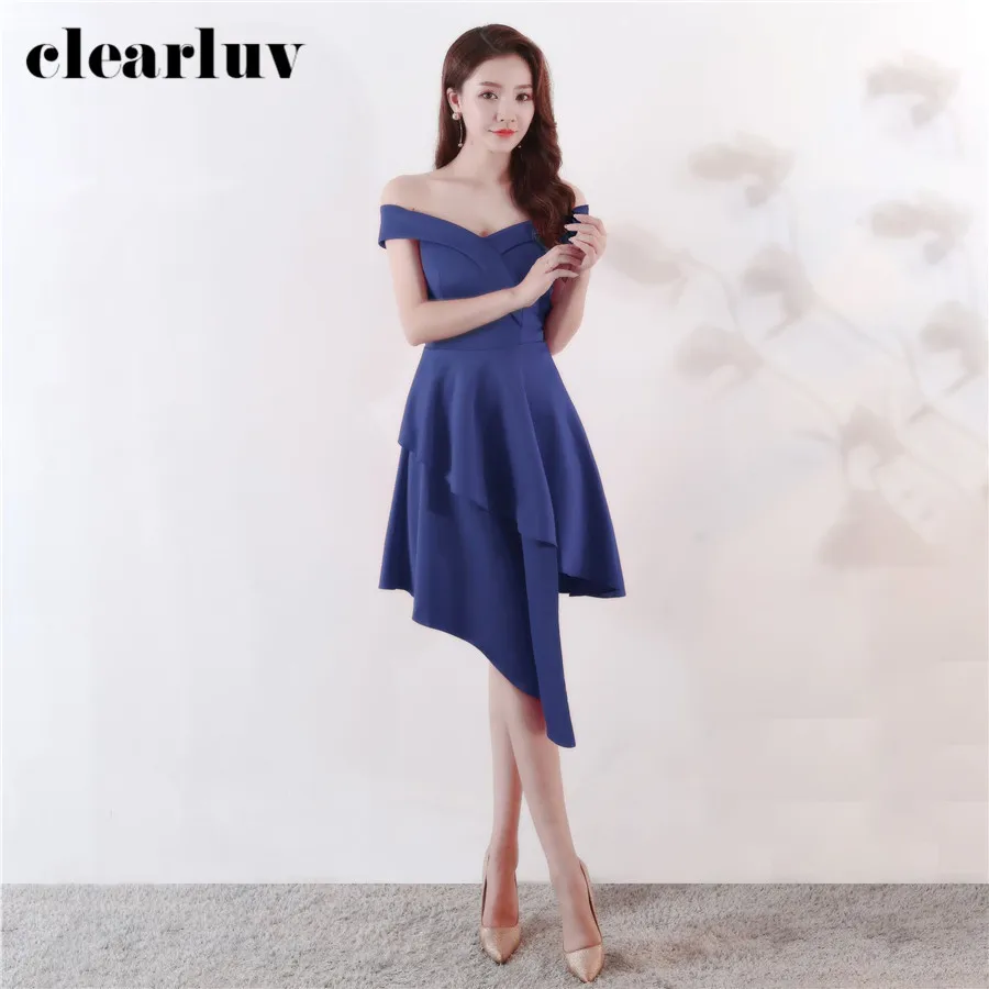 

Boat Neck Prom Dress Short Sleeve Off The Shoulder Party Gown DX326-3 2020 Plus Size Vestidos De Gala Sexy Tea-Length Prom Gowns