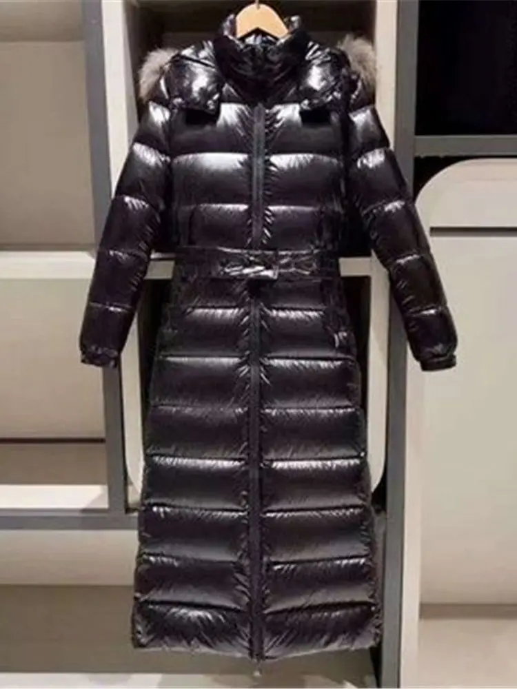2022 Winter Womens Down Jackets Warm 90% Quality White Duck Down Coat Belt Fox Fur Collar Lady Hoodies Female Super Long Parkas