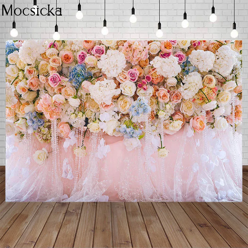 

Baby Birthday Backdrop Bridal Shower Wedding Photocall Pink Flower Floral Photography Background For Photo Studio Photophone