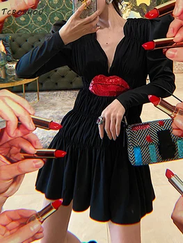 

Sexy V-neck Draped High Waist Contrast Color Red Lip Sequin Waist Waist Dress Ladies' Fall New Style Personality Puff Skirt