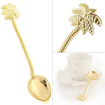 

Creative Scoop Cute Handle Gold Coffee Stirring Spoon Mini Dessert Tea Spoon Tropical Coconut Tree Leaf Tableware Woman Gift