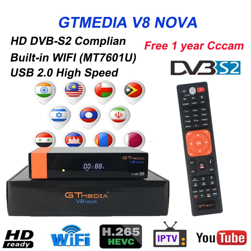 Спутниковый ресивер GTMEDIA V8 NOVA Full HD встроенный wifi DVB-S2 Freesat v8 1080P+ 1 год Европа Испания cccam спутниковый декодер коробка