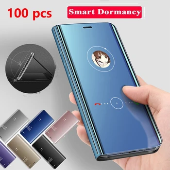 

100pcs Flip Leather Clear Smart Mirror Case For OPPO Reno 6.6 6.4 Z Realme 3 X C2 Pro F11 S+ For LG G8 V30 V40 V50 Full Cover