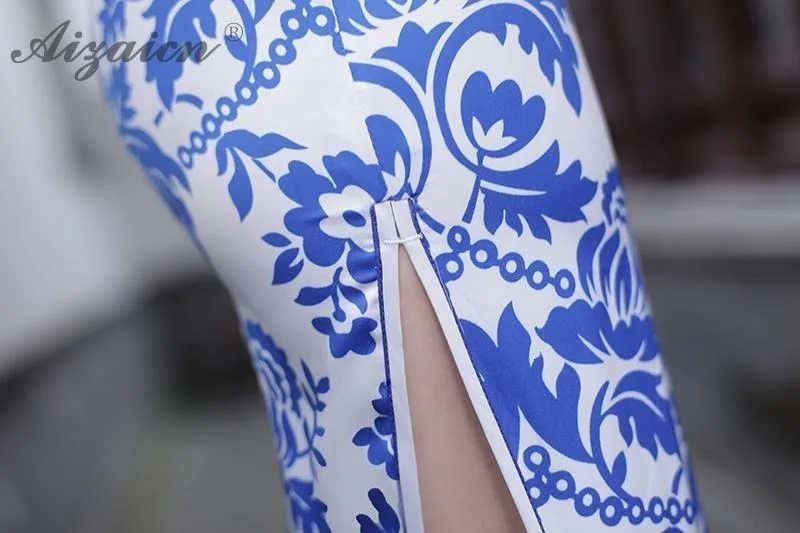 Весна лето синий белый мода Cheongsam Длинные платья для женщин китайское традиционное платье Qipao Chinoise размера плюс вечернее платье