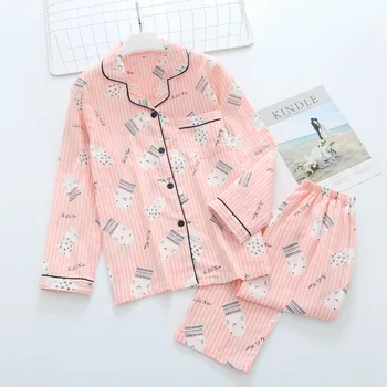 

Pure Cotton Spring and Autumn Ladies Encryption Gauze Home Service Long-sleeved Trousers Lattice 2 Piece Pigiama Donna Cotone