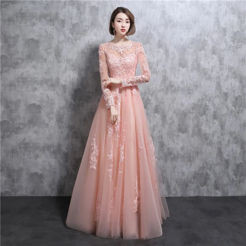 Светло-розовые платья подружки невесты с длинным рукавом Robe de Soiree, круглый вырез, с аппликацией, свадебное платье