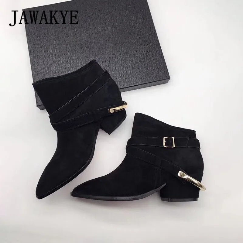 black JAWAKYE/Новинка; женские замшевые ботильоны из натуральной кожи; цвет коричневый, зеленый; короткие сапоги с острым носком на не сужающемся книзу массивном каблуке; женская модная зимняя обувь с металлической пряжкой; botas feminina - Цвет: black