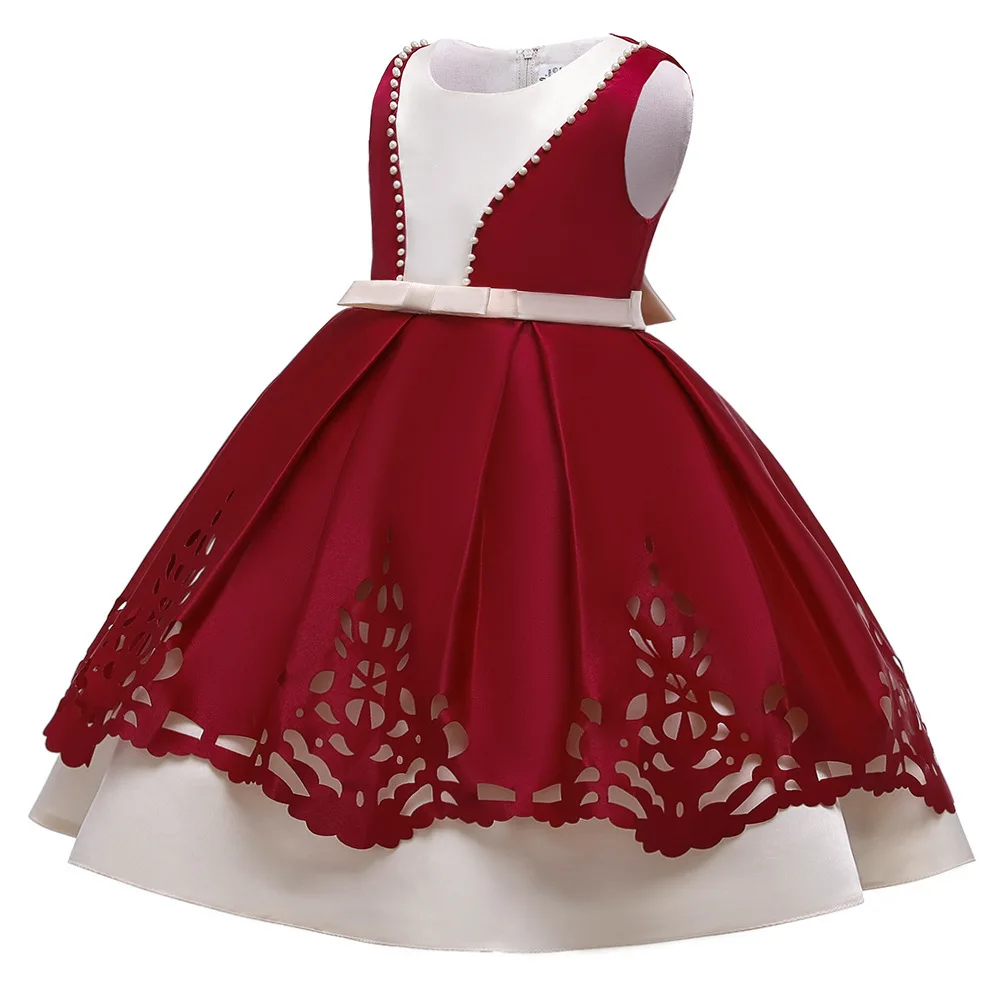 Wine Red BGW/ г. Атласные платья трапециевидной формы с цветочным узором для девочек без рукавов и с молнией сзади, Vestido De Casamento Infantil Daminha, пять цветов, с бантом - Цвет: Wine Red