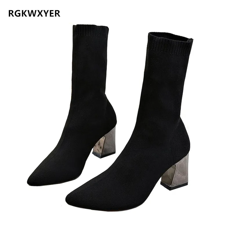 

RGKWXYER New Women Boots Sexy Sock Boots Knitting Stretch Boots High Heel For Women Fashion Mid Boots Spring Autumn Female 2019